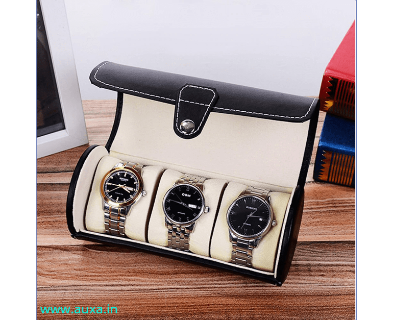 Luxury Watch Box 3 Slot Leather Round Organizer Box Case 1pc