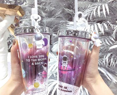 Space Printed Straw Glass Cup 500ml